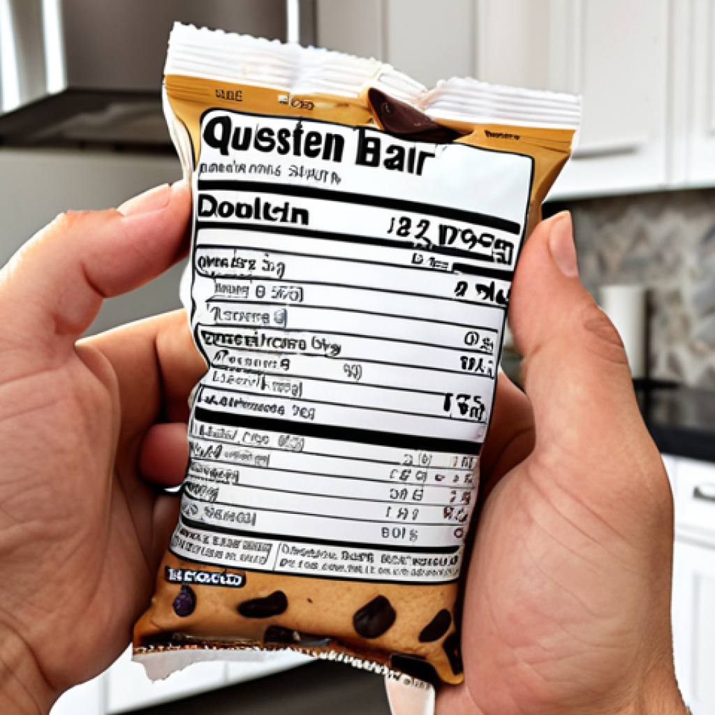**Image:** A person holding a Quest Nutrition Protein Bar (Chocolate Chip Cookie Dough flavor) while reading the nutrition label. Focus on highlighting the "1g sugar" detail. The background should be a modern, bright kitchen.