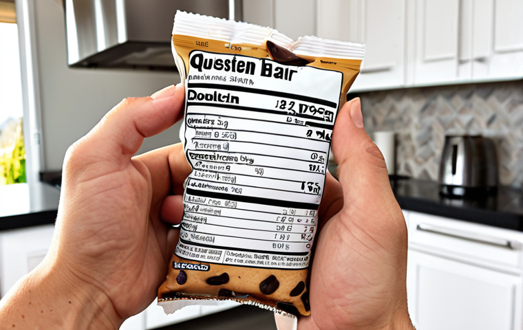 **Image:** A person holding a Quest Nutrition Protein Bar (Chocolate Chip Cookie Dough flavor) while reading the nutrition label. Focus on highlighting the "1g sugar" detail. The background should be a modern, bright kitchen.