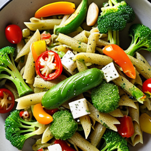 **Fullkornspasta med grönsaker och pesto:** A vibrant plate of whole wheat pasta tossed with colorful vegetables like broccoli, bell peppers, and zucchini, generously coated in bright green pesto and sprinkled with Parmesan cheese. Focus on fresh, appetizing ingredients.