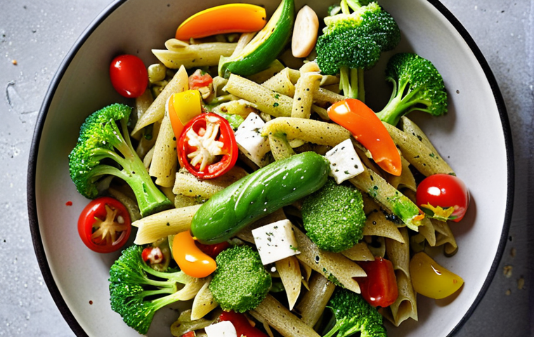 **Fullkornspasta med grönsaker och pesto:** A vibrant plate of whole wheat pasta tossed with colorful vegetables like broccoli, bell peppers, and zucchini, generously coated in bright green pesto and sprinkled with Parmesan cheese. Focus on fresh, appetizing ingredients.