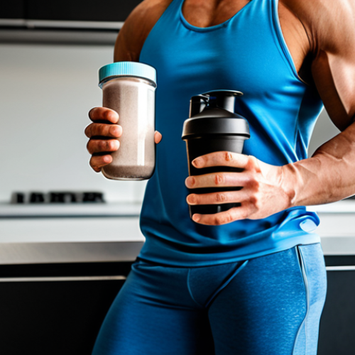 Home 23 A fit and healthy individual, fully clothed in modest workout attire, preparing a protein shake in a sleek, modern gym kitchen. The person holds a shaker bottle and a generic protein powder container. The setting is clean and well-lit. safe for work, appropriate content, fully clothed, professional, perfect anatomy, correct proportions, natural pose, well-formed hands, proper finger count, natural body proportions, professional photography, high quality, studio lighting.
