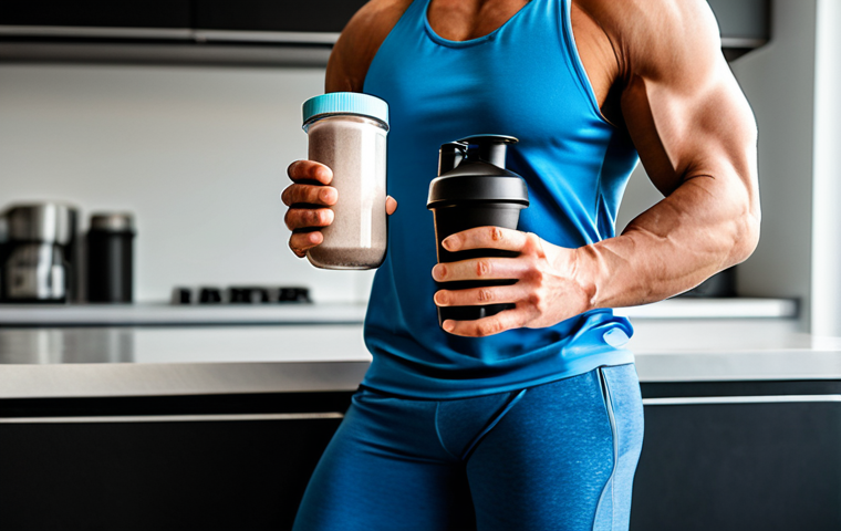 A fit and healthy individual, fully clothed in modest workout attire, preparing a protein shake in a sleek, modern gym kitchen. The person holds a shaker bottle and a generic protein powder container. The setting is clean and well-lit. safe for work, appropriate content, fully clothed, professional, perfect anatomy, correct proportions, natural pose, well-formed hands, proper finger count, natural body proportions, professional photography, high quality, studio lighting.