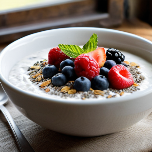 Home 22 Breakfast Bowl**
"A bright and airy photo of a breakfast bowl filled with coconut yogurt, fresh berries, and a generous sprinkling of flax seeds and chia seeds. A small spoon rests in the bowl. The scene is set on a rustic wooden table with a linen napkin. Soft morning light streams in from a window. Fully clothed, safe for work, appropriate content, perfect anatomy, natural proportions, professional food photography, high quality, family-friendly, modest setting."
**