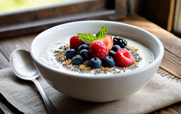 Breakfast Bowl**
"A bright and airy photo of a breakfast bowl filled with coconut yogurt, fresh berries, and a generous sprinkling of flax seeds and chia seeds. A small spoon rests in the bowl. The scene is set on a rustic wooden table with a linen napkin. Soft morning light streams in from a window. Fully clothed, safe for work, appropriate content, perfect anatomy, natural proportions, professional food photography, high quality, family-friendly, modest setting."
**