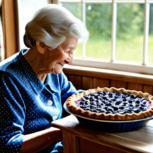 Home 9 "Blåbärspaj med Mormor" (Blueberry Pie with Grandmother)**
A cozy kitchen scene in a traditional Swedish cottage. An elderly woman (Mormor - Grandmother) with a warm smile is placing a freshly baked blueberry pie (blåbärspaj) on a wooden table. The pie is golden brown and steaming slightly. Sunlight streams through the window, illuminating dust motes in the air. There are vintage floral curtains and blue and white patterned china on display. Focus on creating a sense of warmth, nostalgia, and family. Fully clothed, appropriate attire, safe for work, perfect anatomy, natural proportions, family-friendly, professional photography, high quality.
**