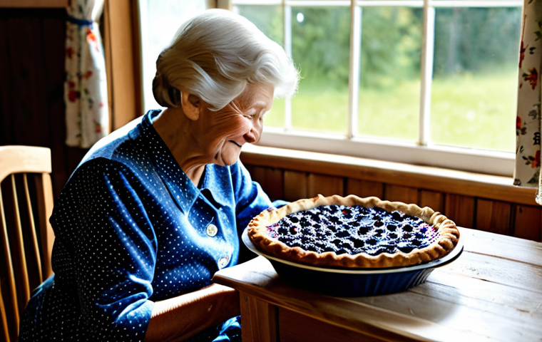 "Blåbärspaj med Mormor" (Blueberry Pie with Grandmother)**
A cozy kitchen scene in a traditional Swedish cottage. An elderly woman (Mormor - Grandmother) with a warm smile is placing a freshly baked blueberry pie (blåbärspaj) on a wooden table. The pie is golden brown and steaming slightly. Sunlight streams through the window, illuminating dust motes in the air. There are vintage floral curtains and blue and white patterned china on display. Focus on creating a sense of warmth, nostalgia, and family. Fully clothed, appropriate attire, safe for work, perfect anatomy, natural proportions, family-friendly, professional photography, high quality.
**